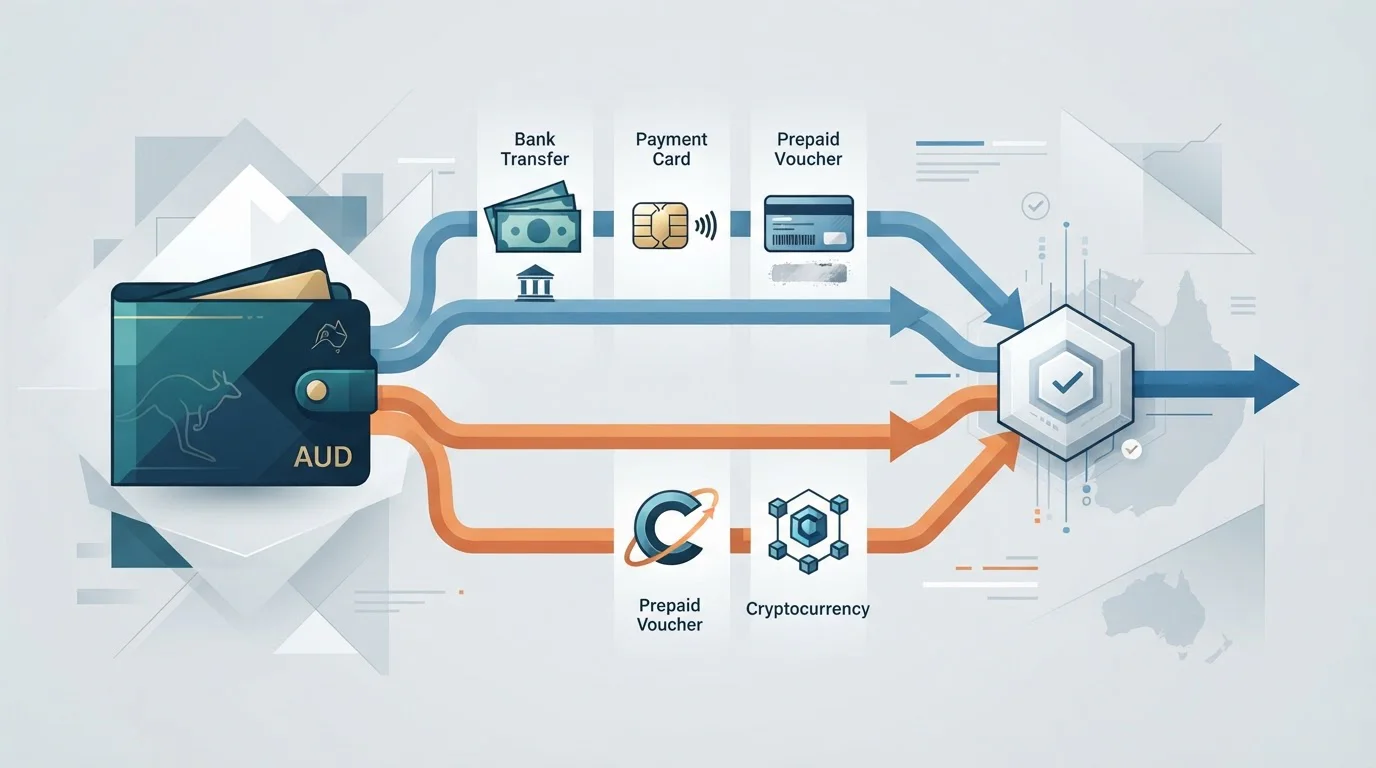 Conceptual Australian casino payment flow comparing deposit routes and withdrawal routes without brand or payment logos