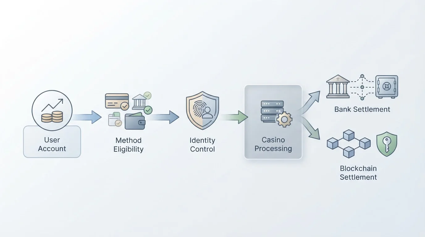 Conceptual withdrawal flow from eligible cashout method through KYC and casino processing to payment network settlement