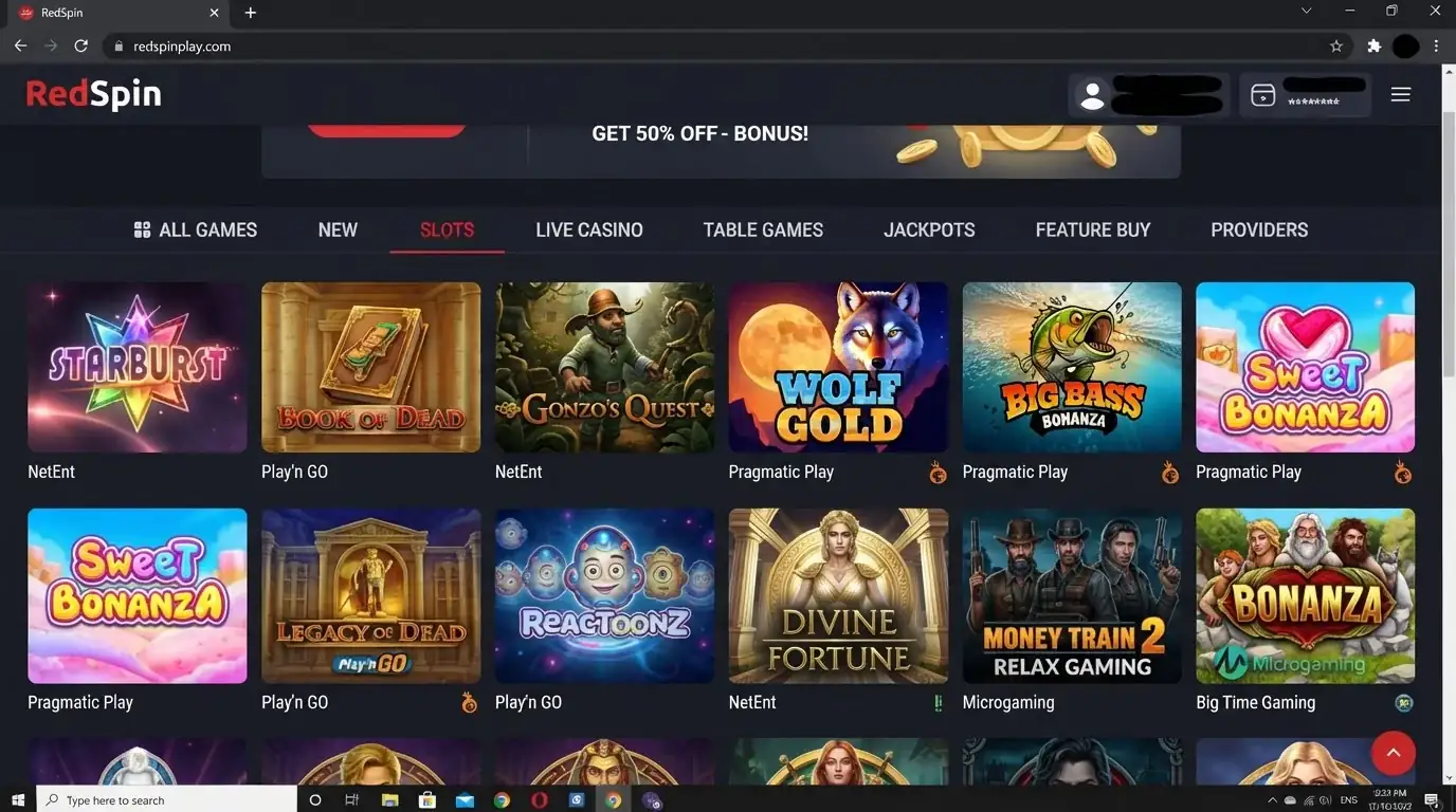 RedSpin game lobby with game category navigation