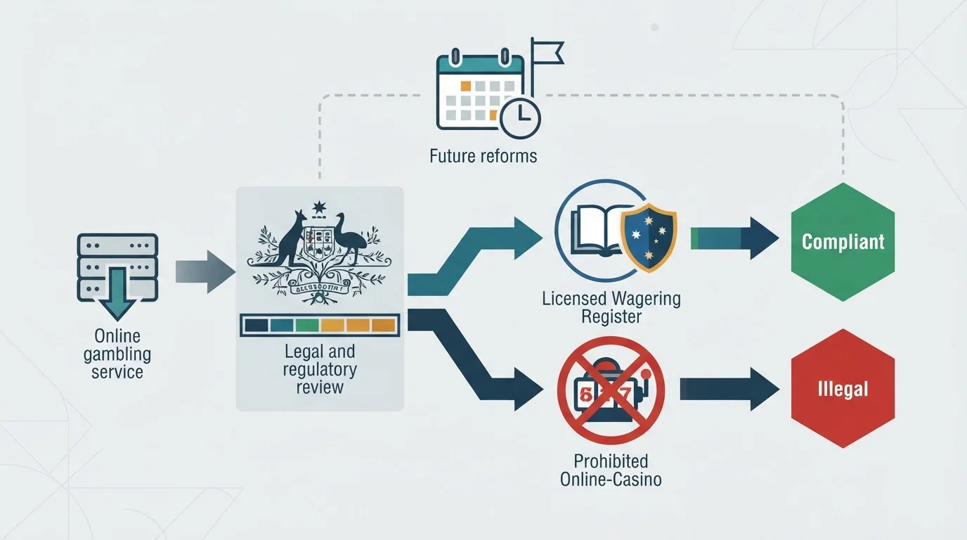 Neutral regulatory flow illustration separating Australian online casino prohibitions, licensed wagering, ACMA oversight and future reform commencement