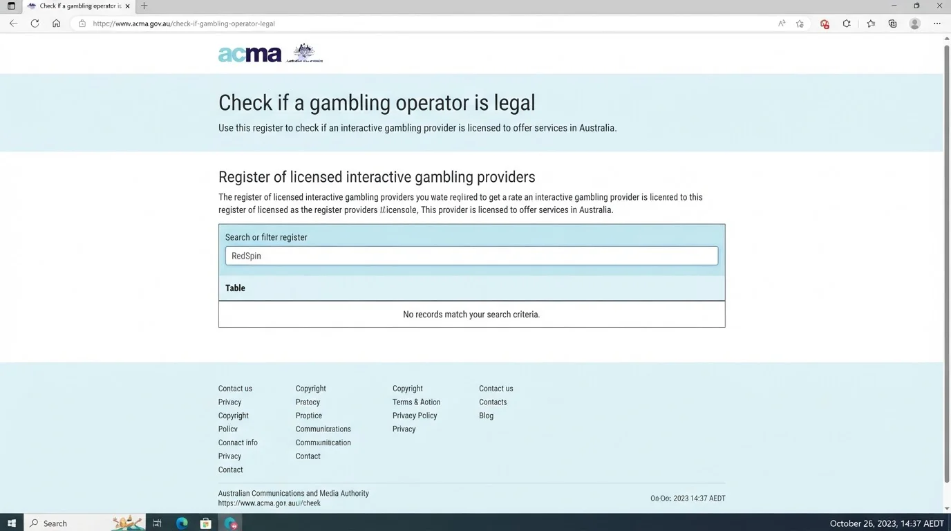 ACMA licensed interactive gambling provider register page illustrating the Australian licence position