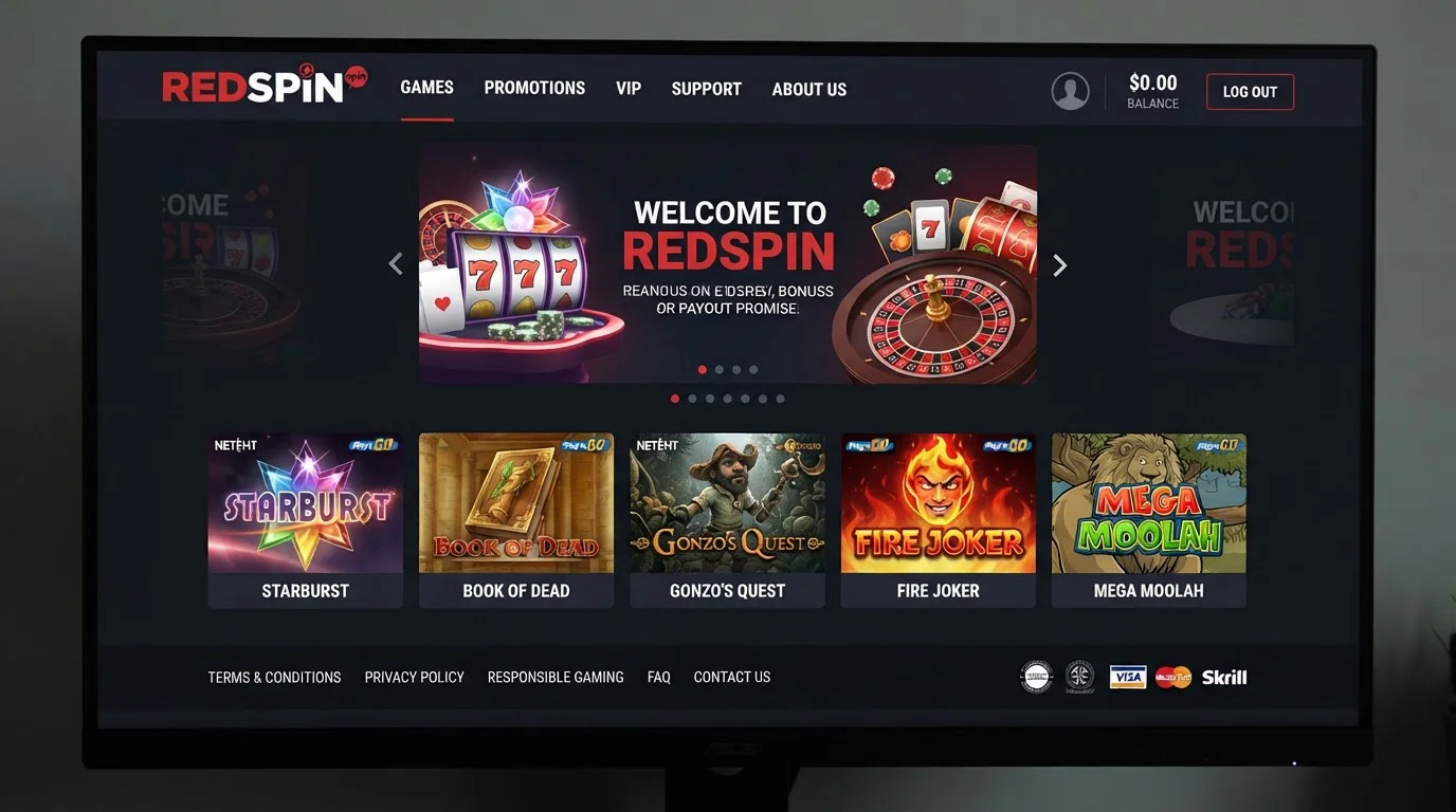 Current RedSpin official homepage or neutral top-level brand interface showing the RedSpin name